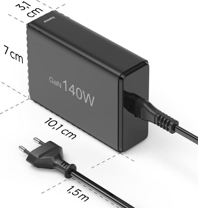 Produktbild Hama Ladestation 5 Ports, GaN, Schnellladegerät, 3xUSB-C, 2xUSB-A, PD, 140 W, SW (140 W)