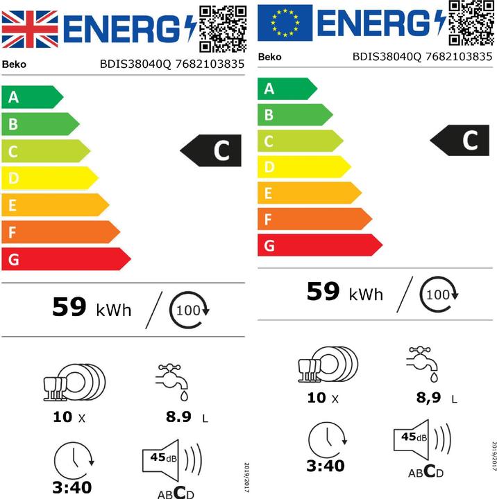 Label énergétique Beko VAATWASSER INBOUW BDIS38040Q
