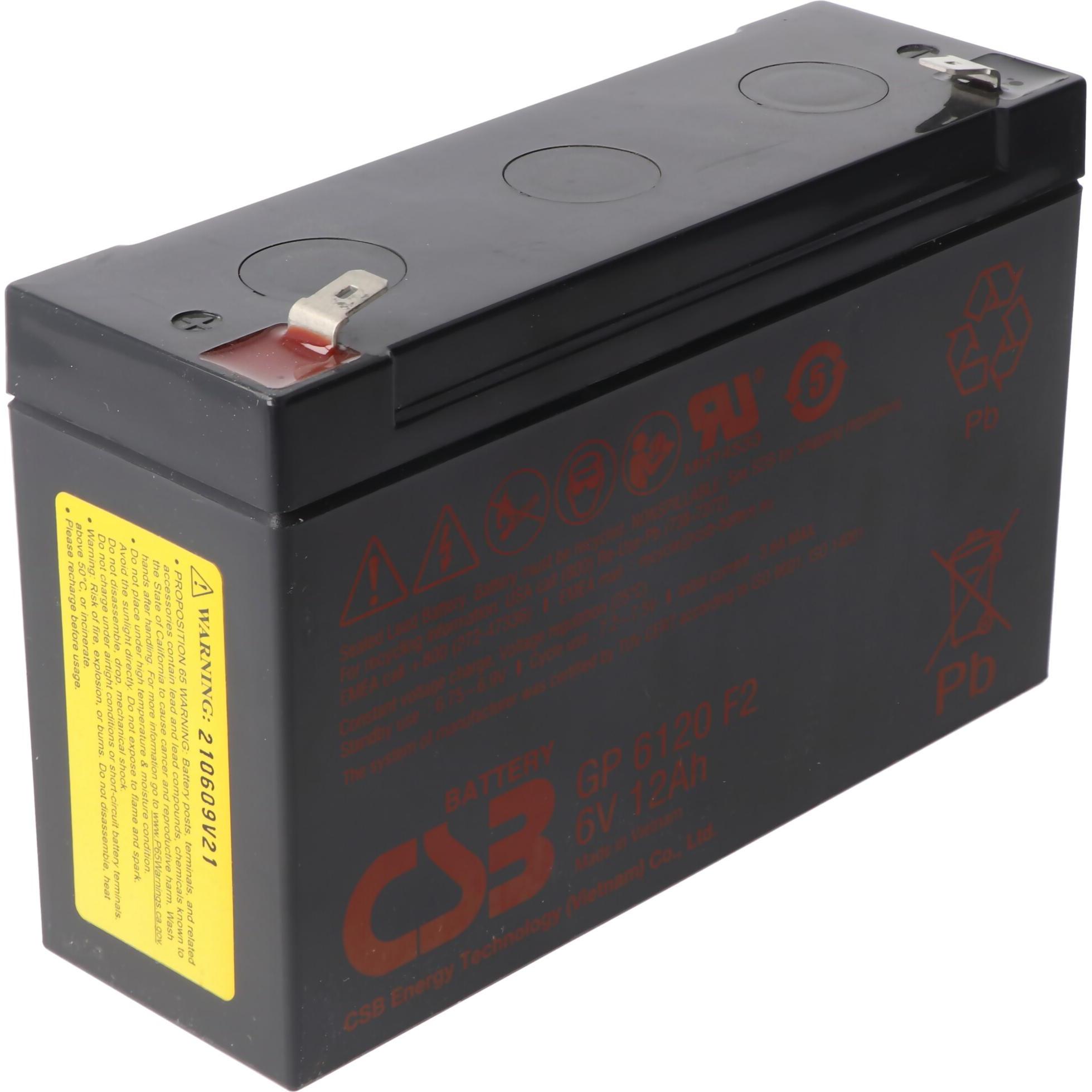 Thumbnail - CSB, Versorgungsbatterie, GP6120F2 6 Volt 12 Ah 151mm x 50mm x 100mm CSB-GP6120F2 Bleiakku mit 6,3mm Fast-On Kontakte (1...