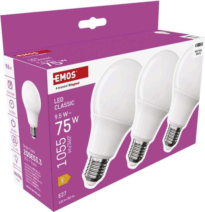 Immagine prodotto Emos Lampada LED Classic A60 / E27 / 9,5 W (75 W) / 1055 lm / bianco neutro (E27, 9.50 W, 1055 lm, 3 x, E)