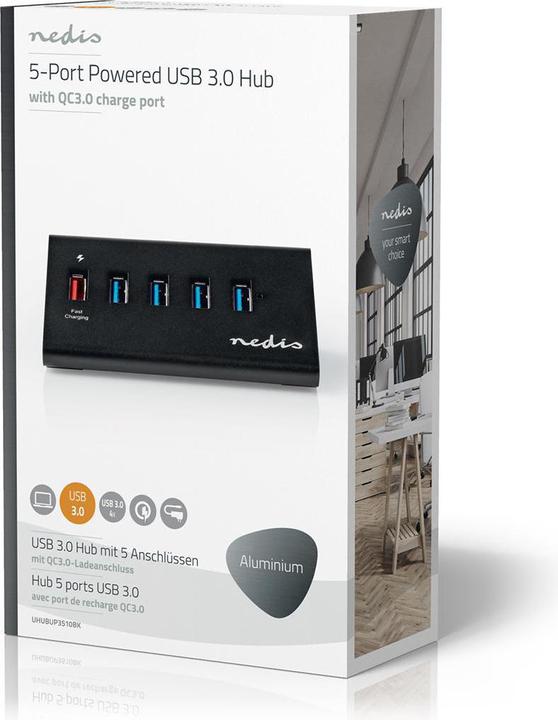 Produktbild Nedis UHUBUP3510BK. Hostschnittstelle: USB 3.2 Gen 1 (3.1 Gen 1) Micro-B, Hub-Schnittstellen: USB 3.2 Gen (USB-C, 5 Ports)