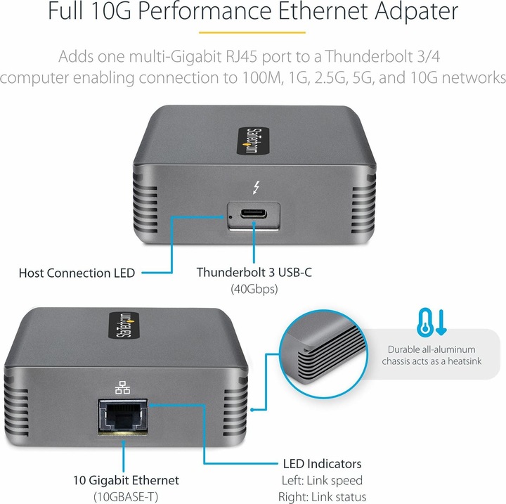 Immagine prodotto StarTech COM Adattatore da Thunderbolt 3 a Ethernet 10GbE Multi-Gigabit Thunderbolt 3 a rete RJ45 Ada (Thunderbolt 3, RJ45 10 Gigabit Ethernet (1x))