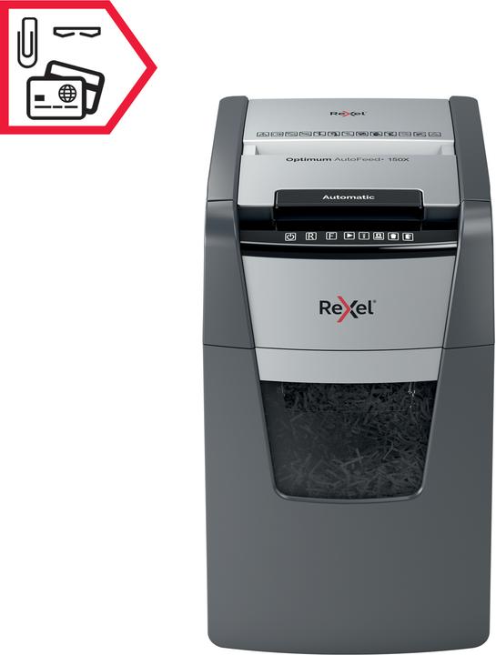 Productafbeelding Rexel Hakselaar Optimum AutoFeed+ 150X Deelsnede 4 x 28 mm 44 l Aantal vellen (max.): 150 Sic. (Gesneden deeltjes)