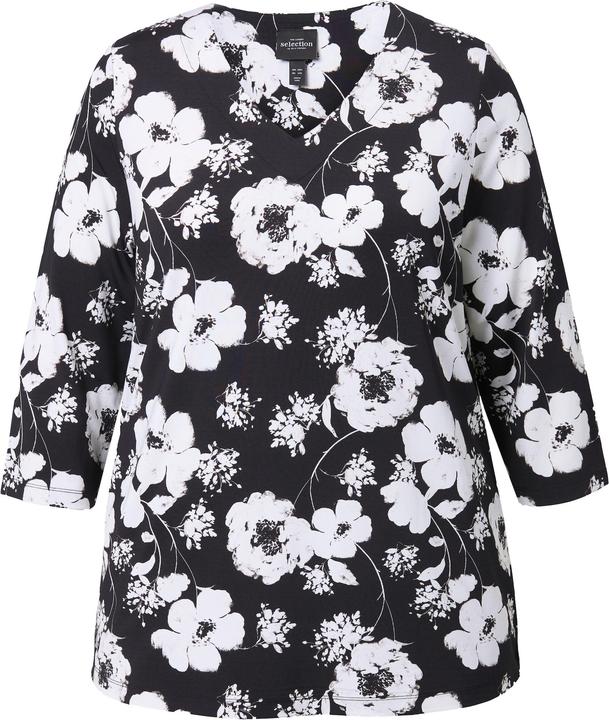 Image du produit Ulla Popken T-shirt au tombé fluide à fleurs, col V et manches 3/4, collection Classic (46, 48)