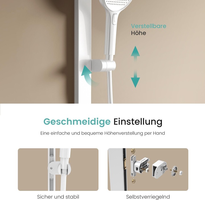 Produktbild Emke Duschsystem Mit Thermostat, Handbrause + Regendusche(3 StrahlstäRken) + Unterer Auslass, mattweiss