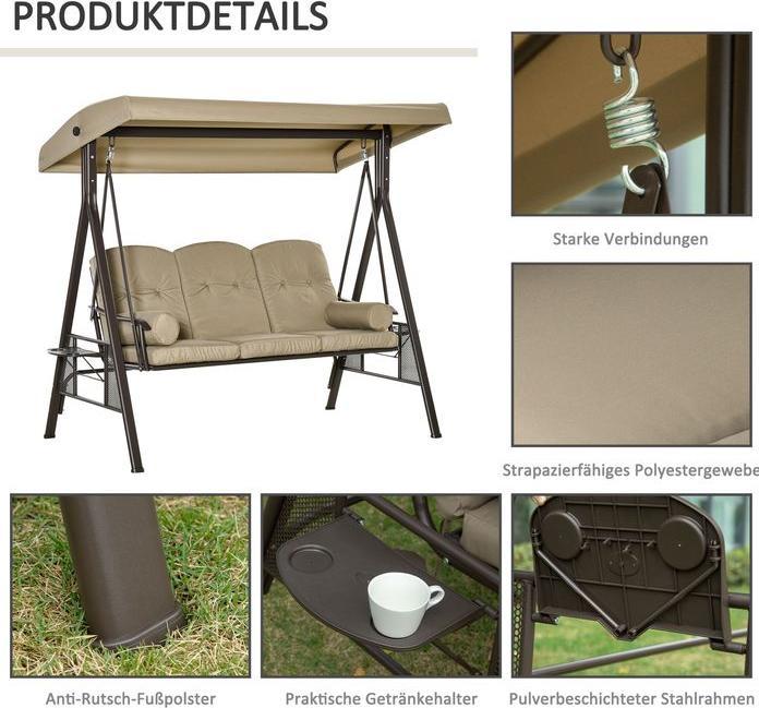 Immagine prodotto Swisshandel24 Altalena Hollywood a 3 posti Altalena da giardino con tettuccio parasole Cuscino Metallo Poliestere