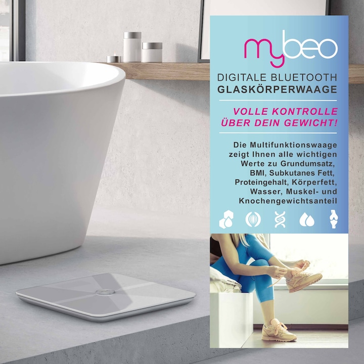 Produktbild Mybeo Körperfettwaage, Digitale Bluetooth Körper Analyse Waage, Diagnosewaage mit App-Steuerung, weiss (180 kg)