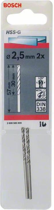 Immagine prodotto Bosch Professional Zubehör Punta per metallo HSS-G, DIN 338, 2,5 x 30 x 57 mm, confezione da 2 (2,5 mm)