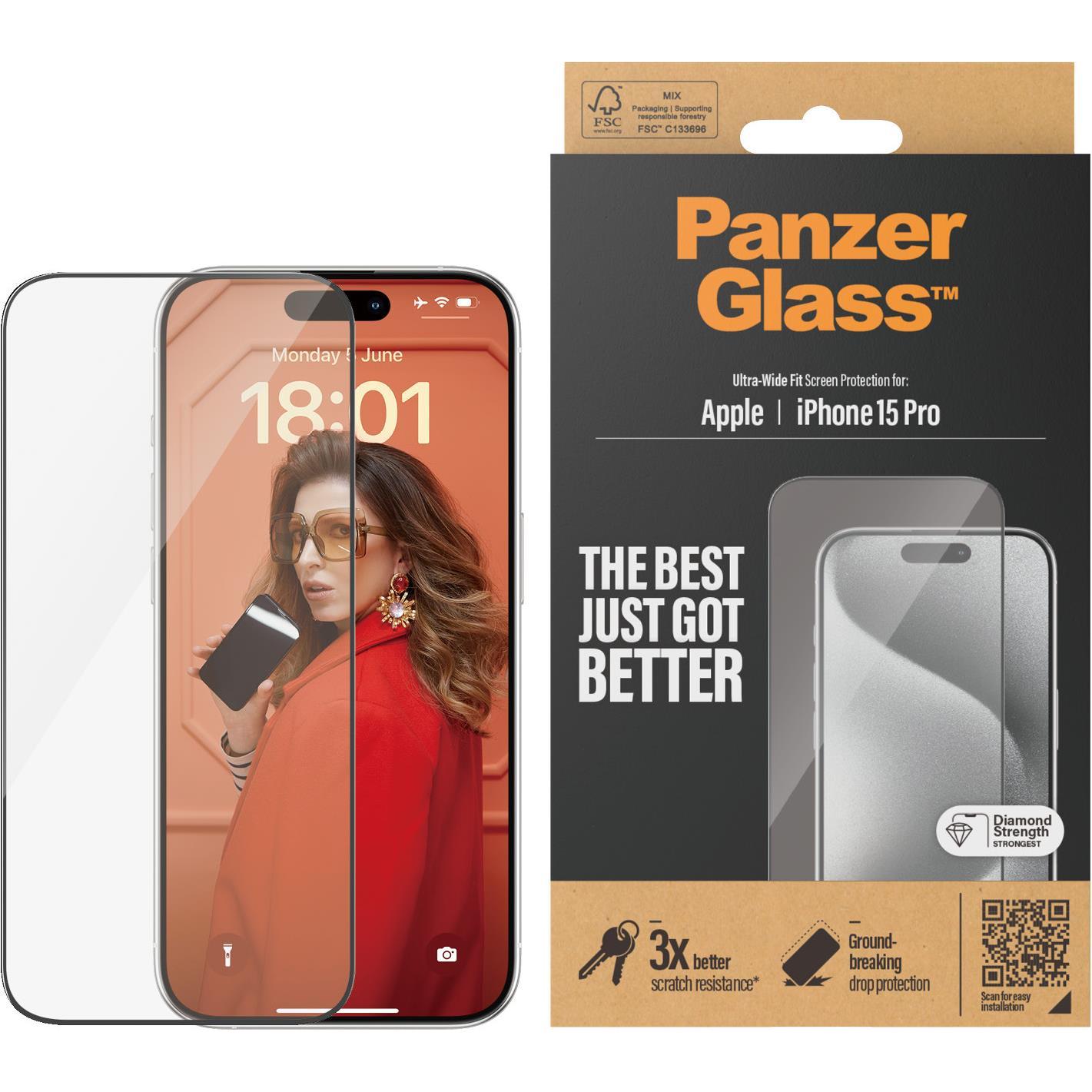 PanzerGlass Screen Protector iPhone 2023 6.1 Pro Ultra-Wide Fit (1 Stück, Apple iPhone 15 Pro), Smartphone Schutzfolie, ...