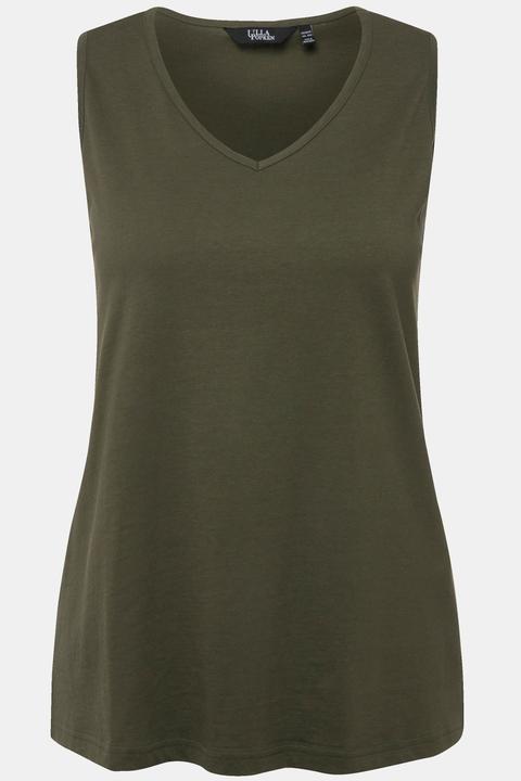 Actual product image Ulla Popken 2 Pack of V-Neck Cotton Knit Tanks - Stripe, Solid (46, 48)