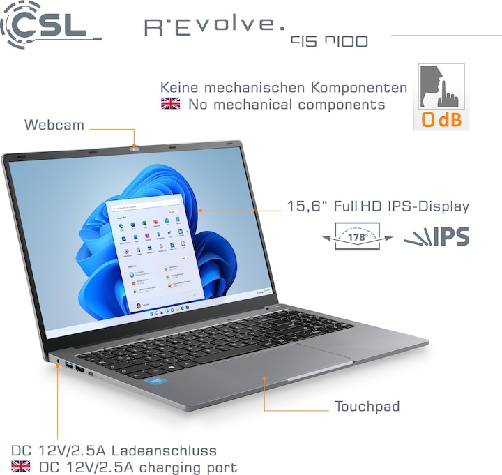 Actual product image CSL Notebook R'Evolve C15 v4 16GB 500GB Windows 11 Home (15.60", Intel N100, 16 GB, 500 GB, DE)