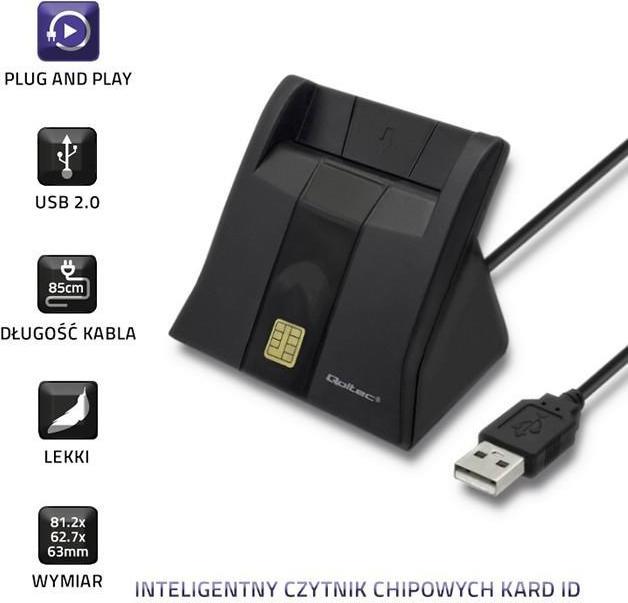 Produktbild Qoltec Skeneris Smart chip ID card scanner USB 2.0 Plug&Play vertical (USB, USB 2.0)