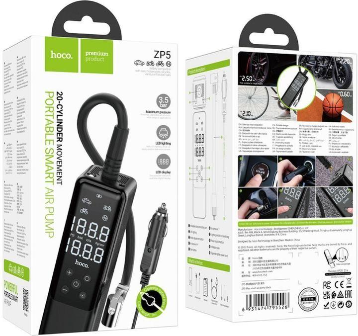 Actual product image Hoco - Car Air Pump May (ZP5) - for Car, Motorcycle, Bike and Basketball, 3.5bar - Black (3.50 bar)