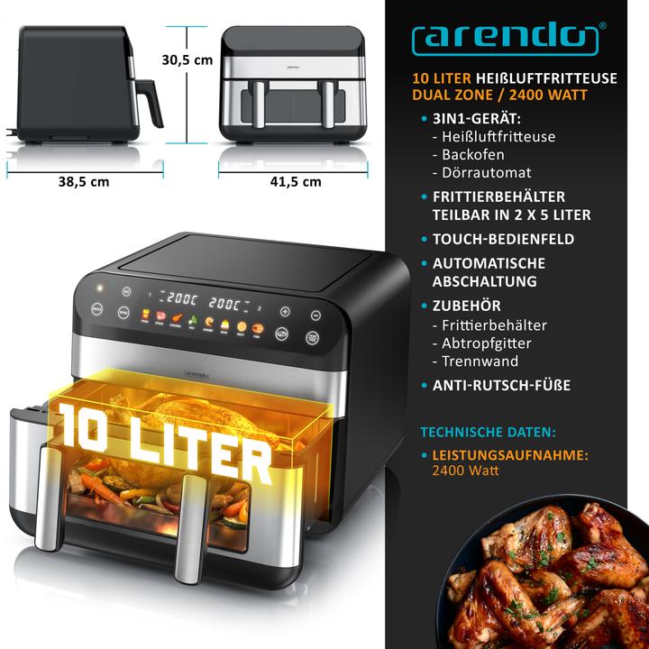 Produktbild Arendo Heissluftfritteuse XXL mit Sichtfenster, 2400 W, Vorheizen & Wenden, inkl Zubehör, Grill/Dörren
