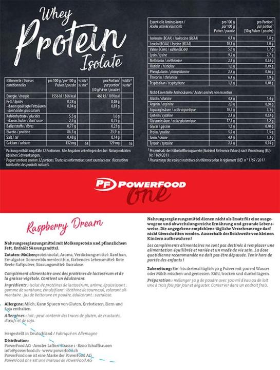 Nährwerte und Zutaten PowerFood One Whey Protein Isolate (Himbeere, 1 Stk., 500 g)