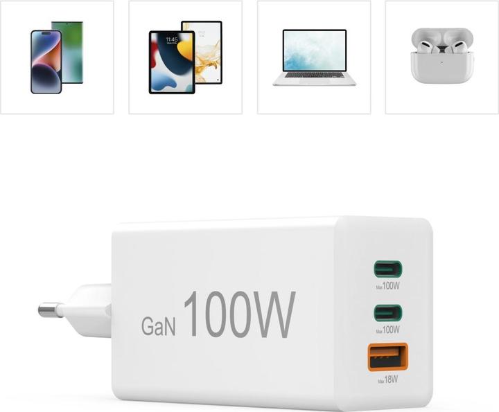 Actual product image Hama GaN quick charger, 2x USB-C PD, 1x USB-A Q (100 W)