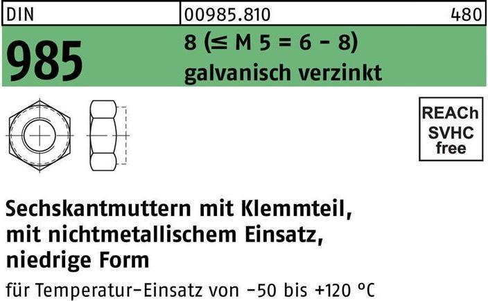 Produktbild Sechskantmutter DIN 985 m.Klemmteil M 6 8 (=M 5 = 6/8 ) galvanisch verzinkt