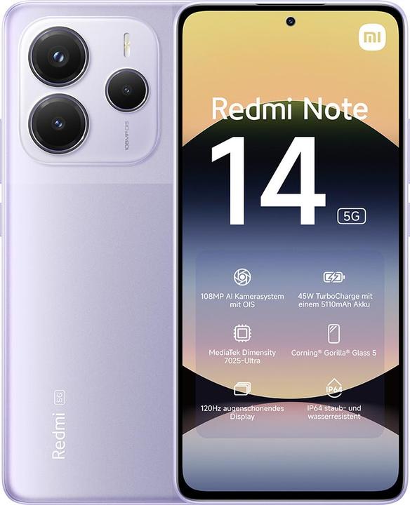 Immagine prodotto Xiaomi Redmi Note 14 5G (128 GB, Lavender Purple, 6.67", Doppia SIM, 108 Mpx, 5G)