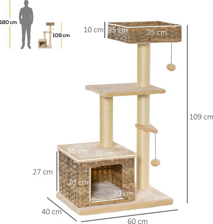 Actual product image PawHut Cat tree with rattan cave (109 cm, Brown, Beige)
