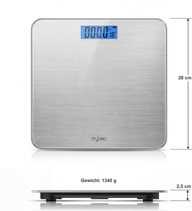 Actual product image Mybeo Personenwaage digital, max.180 kg Belastung, Trittfläche aus 6mm Sicherheitsglas, schmales Design (180 kg)
