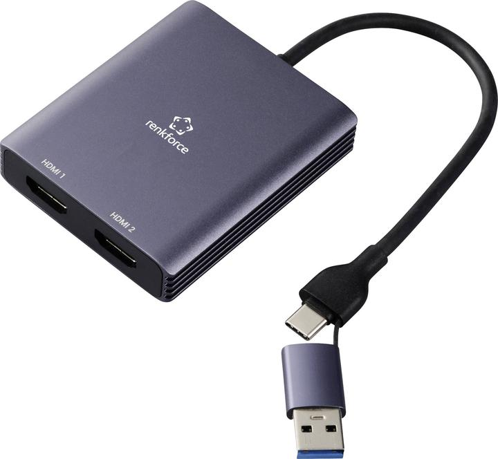 Image du produit Renkforce RF-6418198 Adaptateur USB-C® / HDMI (1x USB-A, USB-C® - 2x HDMI®) Gris 4K (USB-C, USB-A, HDMI, 15 cm)