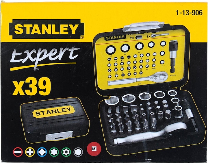Actual product image Stanley 1/4" bit set, 25mm, with mini reversible ratchet and sockets, 39 pieces (1/4")