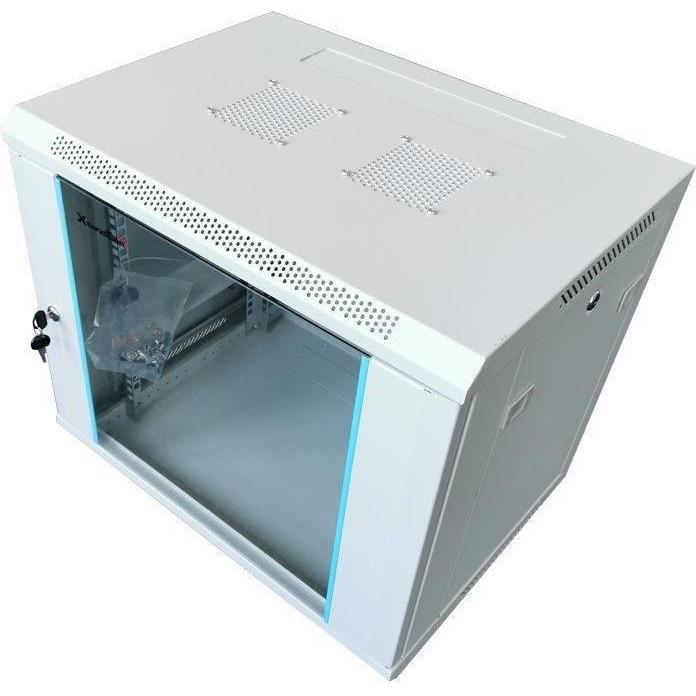 XtendLan 19" nástěnný rozvaděč 12U 600x450, nosnost 60 kg, skleněné dveře, rozložený, šedý, Accessori per armadio rack, Grigio