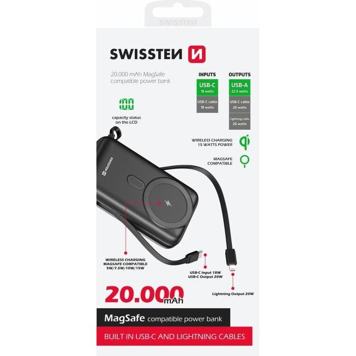 Thumbnail - Swissten Power Bank 20000 Mah 20W (Magsafe Compatible) with Built-In Cables USB-C And Lightning (20000 mAh, 22.50 W, 77 ...