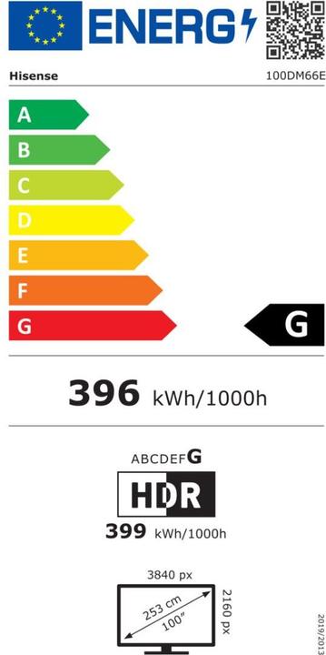Energy Label Hisense Signage Display 100DM66E 100", 24/7, UHD, 500cd/m (3860 x 2160 pixels, 100")