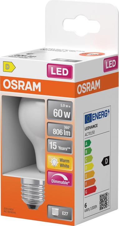 Immagine prodotto Osram LED Superstar Classic A 60 Filamento DIM 5,9W 827 Smerigliato E27 (E27, 5.90 W, 806 lm, 6 x, D)