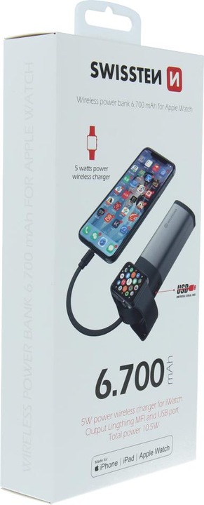 Actual product image Swissten 2in1 Apple Watch MFi Powerbank 6700 mAh (6700 mAh, 10.50 W, 10.50 Wh)