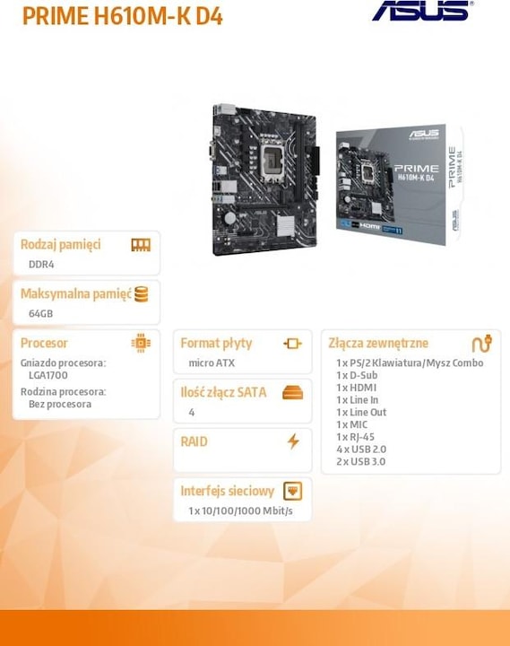 Productafbeelding ASUS PRIME H610M-K D4 (LGA 1700, Intel H610, mATX)