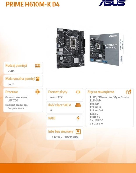 Actual product image ASUS PRIME H610M-K D4 (LGA 1700, Intel H610, mATX)