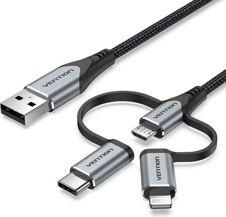 Actual product image Vention USB 2.0 A Male to 3-in-1 Micro-B&USB-C&Lightning Male Cable 1M Gray Aluminum Alloy Type (1 m, USB 2.0)