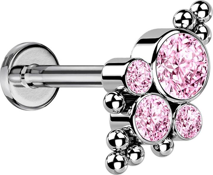 Produktbild Star Piercing Micro Threadless Labret silber Kugeln vier Kristalle pink (ohne Messing, Titan)