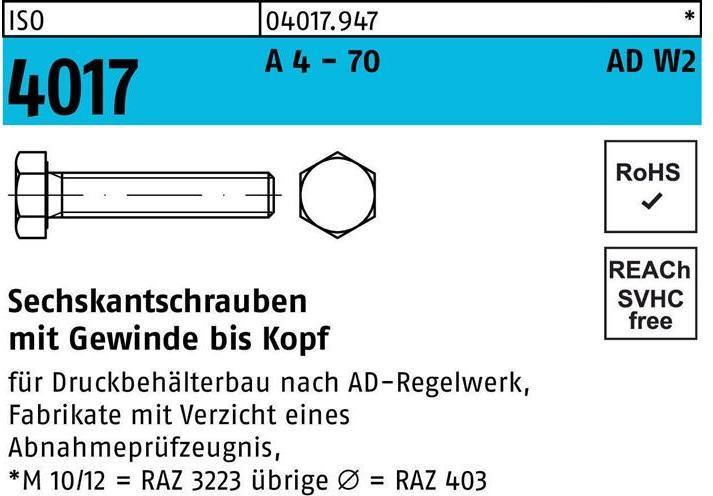 Produktbild Bufab Sechskantschraube ISO 4017 VG M 10 x 16 A 4 - 70 AD-W2 (100 Schrauben pro Stück)