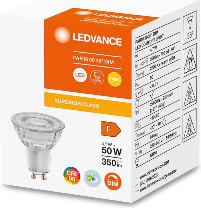 Productafbeelding Ledvance LED Comfort PAR16 36° 350lm 4,7W/927 (50W) GU10 daempbar (GU10, 4.70 W, 350 lm, 1 x, F)