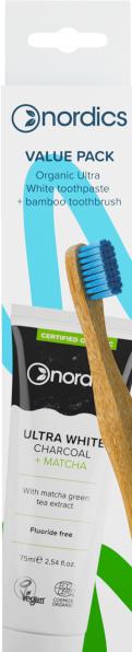 Nordics Biologische Tandpasta Ultra Wit + Eco Tandenborstel Bamboe Blauw