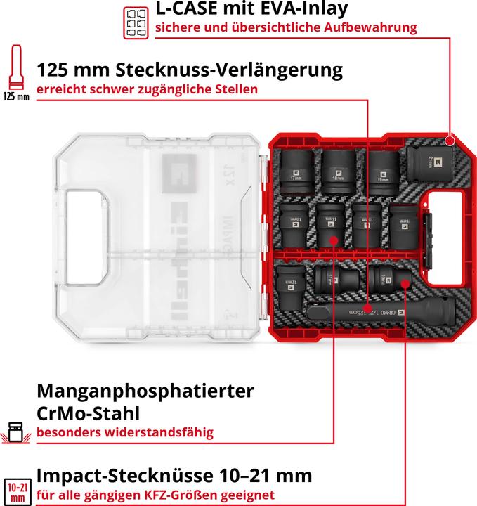 Produktbild Einhell Impact Stecknuss-Set, 109283, 12-teilig (19 mm, 12 mm, 14 mm, 16 mm, 10 mm, 21 mm, 18 mm, 17 mm, 11 mm, 15 mm, 13 mm)