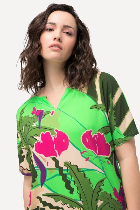 Immagine prodotto Ulla Popken T-shirt dal taglio oversize con palme, scollo a tunica e mezze maniche (58)