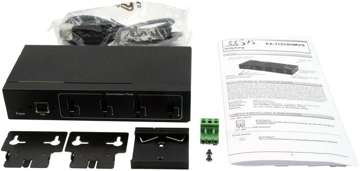 Produktbild Exsys GmbH 4 Port USB 2.0 Metall-HUB, für Tisch, Wand- und DIN-Rail Montage, 15KV ESD Schutz (USB-B, 4 Ports)