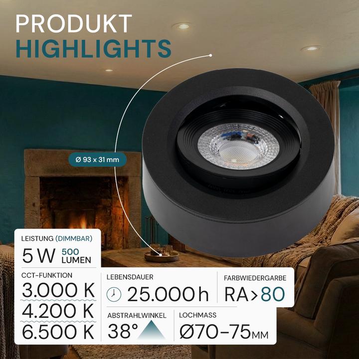 Produktbild Luxula LED CCT Downlight, Ein- und Aufbaustrahler, schwenkbar, schwarz, 5 W, 500 lm (500 lm)
