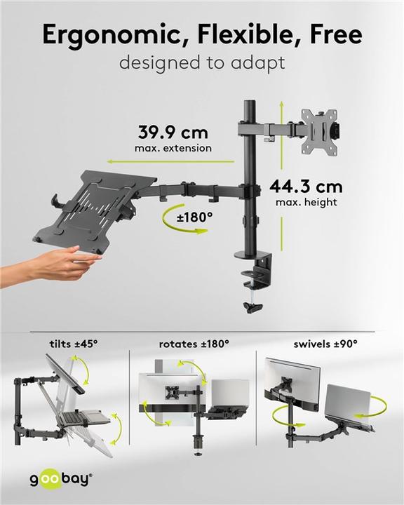 Image du produit Goobay Support d'écran avec bras pour ordinateur portable Flex, noir (Tables, 31.89")