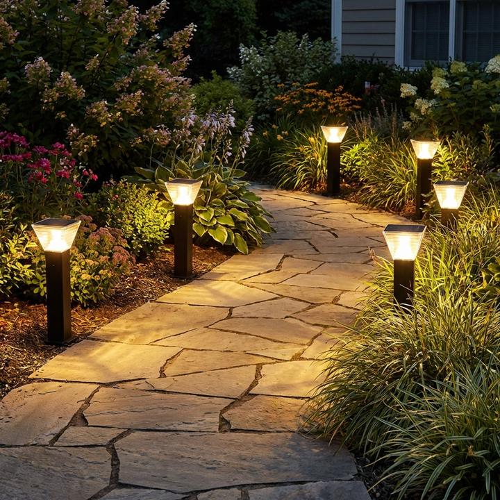 Actual product image Ideoon 6er-Set Premium Solar Säulen-Wegeleuchte 60cm aus Aluminium in Schwarz, 300lm, IP65 wasserfest, 360° (300 lm, IP65)