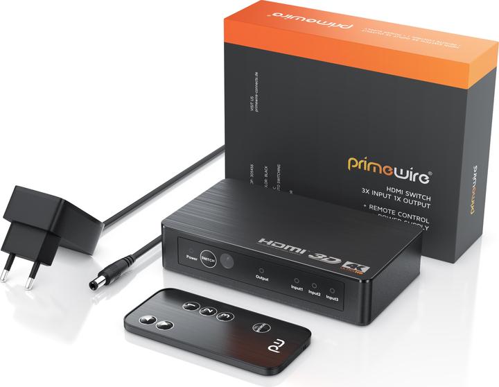 Produktbild Primewire HDMI 2.0b 3 Port Switch, Verteiler 4k 60Hz UHD, Ultra HD 4096x2160 HDR, Fernbedienung, Netzteil