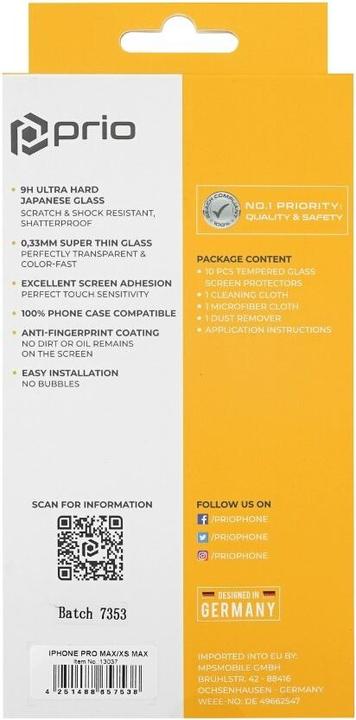 Immagine prodotto prio Protezione in vetro temperato 10x 3D per iPhone 11 Pro Max/XS Max nero (10 pz., Apple iPhone 11 Pro Max, Apple iPhone XS Max)