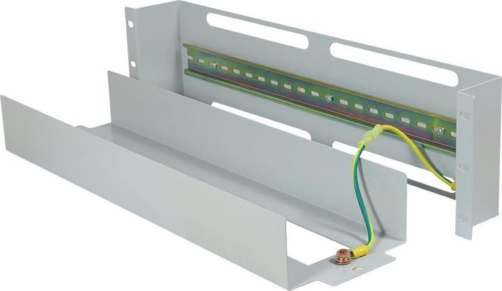 Actual product image Allnet 19" rack. Protective switch strip for top-hat rail/DIN rail devices, T61mm/3HE, light grey, front
