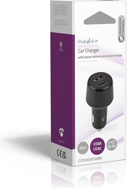 Actual product image Nedis Car charger 65 W 2.0 3.0 3.25 A - Number of outputs: 2, Port type: USB-A / USB-C™, Automa