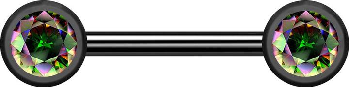 Produktbild Star Piercing Barbell Innengewinde schwarz mit zwei Kugel front Kristall dunkel multicolor (Titan G23)