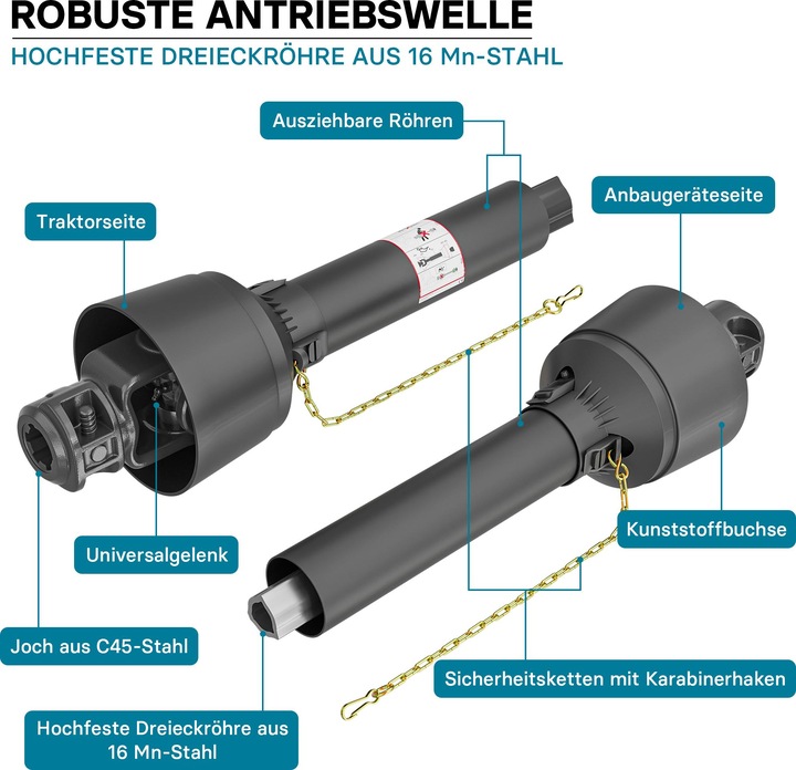Produktbild Wiltec Zapfwelle T5 Gelenkwelle 1300-1690mm 620Nm 540U/min PTO-Shaft 54kW 1 3/8" 6 Zahn